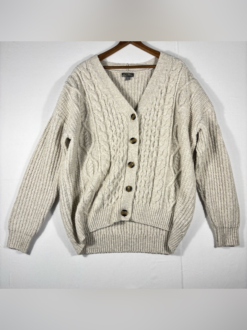 Style & Co. Women’s L Cozy Cable Knit Button-Front Sweater Cardigan Off-White